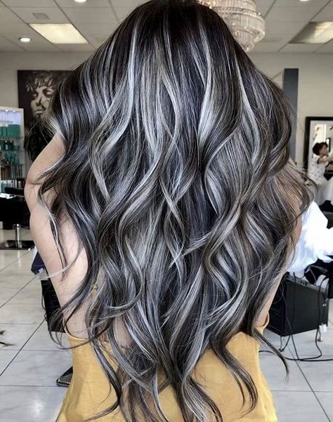 Brown Hair With Silver Highlights, Grey Brown Hair, Grey Hair Color Silver, Silver Hair Highlights, Gray Balayage, Grey Hair Transformation, Beauty Hairstyles, Dark Hair With Highlights, Silver Hair Color