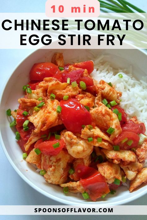 Image showing stir fried tomato egg served over steam rice. Tomato Egg Chinese, Chinese Tomato Egg Recipe, Tomato Stir Fry, Egg Stir Fry, Egg Tomato, Egg Sandwich Recipe, Tomato Egg, Recipes With Chicken And Peppers, One Pan Meal