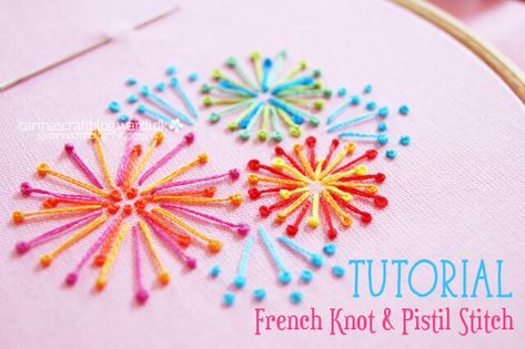 Tutorial: French knot and pistil stitch – Carina's Craftblog French Knot Tutorial, Framing Embroidery, Pistil Stitch, Stitching Flowers, Crewel Embroidery Tutorial, Embroidery Stitches Flowers, Knot Tutorial, Knot Embroidery, French Knot Stitch