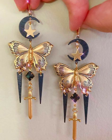 Moth Earrings, Golden Butterfly, Celestial Earrings, Moon And Star Earrings, Witch Jewelry, Luna Moth, Witchy Jewelry, Magical Jewelry, Black Moon