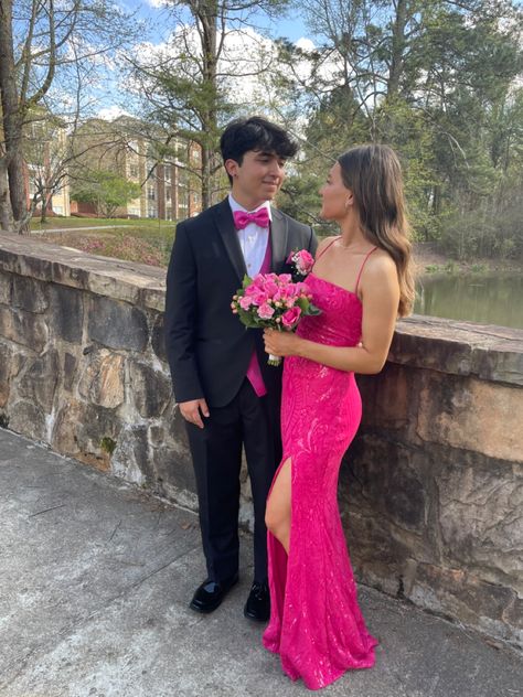 Hot Pink Hoco Couple Outfits, Matching Hoco Dress And Suit, Pink And Black Hoco Couple, Pink Hoco Suit, Prom Matching Couples Outfits Pink, Pink Hoco Couple Outfits, Hot Pink Homecoming Couple, Pink Homecoming Couple, Pink Prom Couple Outfit