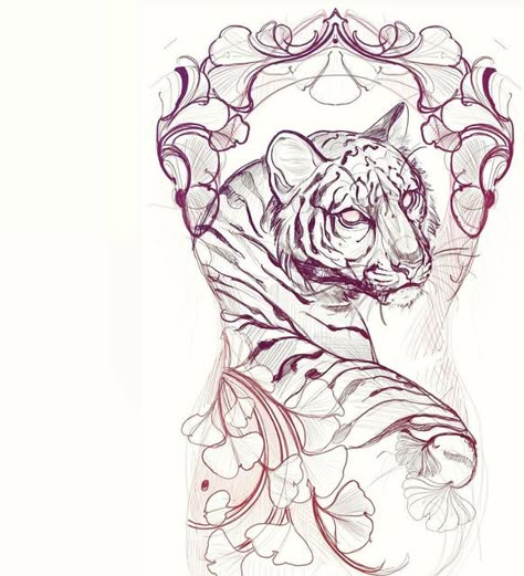 Stipple Butterfly Tattoo, Tiger On Back Tattoo, Neo Traditional Animals, Big Cat Tattoo For Women, Neotraditional Back Tattoo, Cat Back Tattoo, Tattoo Templates Stencil, Animal Back Tattoo, Cute Tiger Tattoo