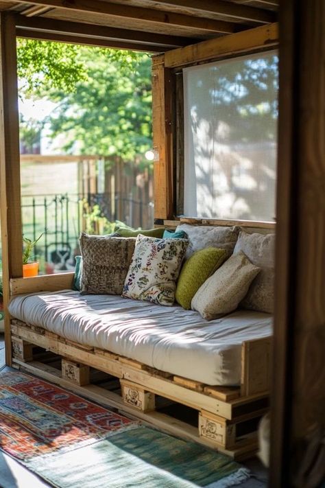 "Elevate your relaxation space with a DIY Pallet Daybed! 🛏️🛠️ A great way to create a custom seating area with a handmade touch. 🌿✨ #DIYDecor #PalletProjects #DaybedIdeas" Outdoor Crate Furniture, Pallet Chaise Lounge Diy, Pallet Daybed Indoor, Diy Porch Daybed, Pallet Day Beds Outdoor, Pallet Chair Diy, Porch Couch Ideas, Back Porch Seating Ideas, Pallet Daybed Outdoor