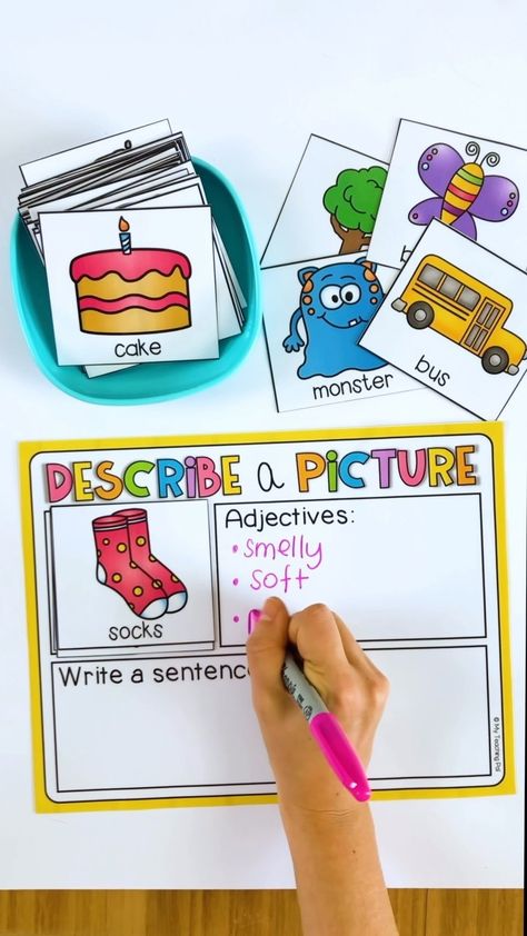 ADJECTIVE MATS 🍎 This mat is the perfect way to get your students to begin using adjectives in their writing! To use it, students… | Instagram Describing Words Activity, Describing Words Activities, Adjectives Project Ideas, Adjective Crafts For First Grade, Adjectives Activity, Adjectives Games, Adjective Activities, Adjective Games Activities, Adjective Games