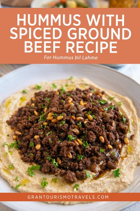 Hummus with Spiced Ground Beef Recipe for Hummus bil Lahme Greek Recipes With Ground Beef, Mediterranean Diet Ground Beef Recipes, Hummus And Beef, Hummus With Ground Beef, Hummus With Beef, Arabic Ground Beef Recipes, Middle Eastern Ground Beef Recipes, Mediterranean Ground Beef Recipes, Recipes Using Hummus