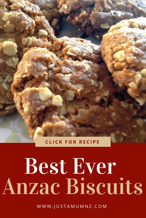 These are the best ever Anzac biscuits. This recipe is the perfect blend of chewy on the inside and crunchy on the outside. Delicious flavours of brown sugar, golden syrup, oats and butter. These are so fun to make, for New Zealand and Australia on Anzac Day. #recipes #recipe #baking #cookie #anzac Best Anzac Biscuit Recipe, Easy Anzac Biscuits, Nz Recipes, Anzac Cookies, Oatmeal Biscuits, Baking Biscuits, Baked Recipe, Anzac Biscuits, Recipe Baking