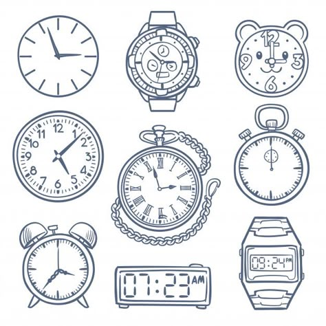 Clock Illustration Art, Alarm Drawing, Doodle Watch, Jam Pasir, Clock Vector, Icons Hand Drawn, Time Vector, Clock Drawings, Clocks Digital