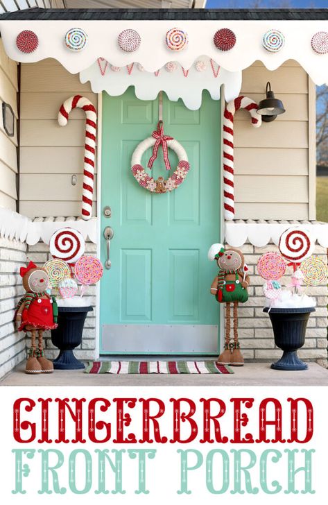 Gingerbread House Christmas Porch Christmas Themes Gingerbread, Candy Christmas House Decorations, Gingerbread House Porch Ideas, Christmas Decor Ideas Outdoor Gingerbread House, Gingerbread Decor Outdoor, Gingerbread House Entryway, Christmas Candy House Decorations, Fake Icing For Gingerbread House Outdoor, Candyland Christmas Front Porch