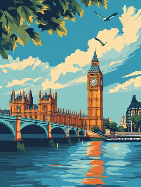 🎨✨Travel Wall Art with Midjourney Prompts - Go to the Link in my Bio🔗👀 Vintage London Poster, London Bridge Illustration, London Moodboard Aesthetic, Colourful Buildings Architecture, London Graphic Design, London Illustration Graphics, Big Ben Illustration, London Art Drawing, London City View