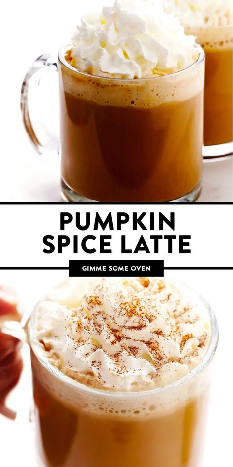 This homemade pumpkin spice latte recipe is inspired by the Starbucks version, yet lightened up a bit and naturally sweetened with maple syrup. Feel free to use your favorite kind of milk and make your drink with either espresso or very strongly brewed coffee. | gimmesomeoven.com Pumpkin Latte Starbucks, Pumpkin Latte Recipe, Pumpkin Spice Syrup Recipe, Faux Coffee, Iced Pumpkin Spice Latte, Pumpkin Spice Latte Recipe, Breakfast Drinks, Coffee Syrups, Homemade Pumpkin Spice Latte