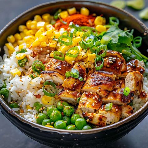 Discover the delicious Street Corn Chicken Rice Bowl recipe. Perfect for any meal with easy prep, flavorful ingredients, and quick cook time. Healthy Dinner Bowl Ideas, Mexican Street Corn Chicken And Rice Bowl, Low Calorie Power Bowl Recipes, Lunch Rice Recipes, Kentucky Fried Chicken Bowl Recipe, Low Carb Rice Bowls, Japanese Bowls Recipe, Mexican Chicken Rice Bowl, Sweet Corn Chicken Rice Bowl