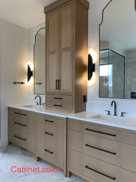 Small Bathroom Double Sink Ideas, Bathroom With Linen Tower, Double Vanity Bathroom Layout Floor Plans, Master Bath Cabinet Organization, Double Sink Vanity With Center Tower, Double Sink Vanity With Storage Tower, Double Vanity Bathroom With Linen Closet, Primary Bath Vanity Ideas, Bathroom Cabinet Between Sinks