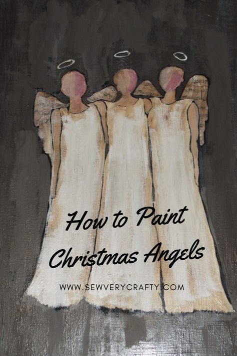 These Christmas Angels are not only beautiful but they are easy to paint for the non-artist like me.  This is a complete patterns and tutorial on how to create these lovely Christmas angels.  You can get everything you need at your local craft and hardware store to get these stunning results. Rustic Angel Painting, Painted Angels Canvas, Watercolor Angel Christmas Cards, Watercolor Christmas Angels, Diy Angel Painting, Watercolor Angels Christmas, Hand Painted Angels, Christmas Pictures To Paint On Canvas, How To Paint An Angel Tutorial