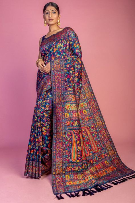 Navy Blue Handloom Weaving Kashmiri Pashmina Saree Kashmiri Saree, Pashmina Saree, Navy Blue Saree, Lehenga Style Saree, Kalamkari Designs, Designer Sarees Wedding, Readymade Salwar Kameez, Cotton Salwar Kameez, Handloom Weaving