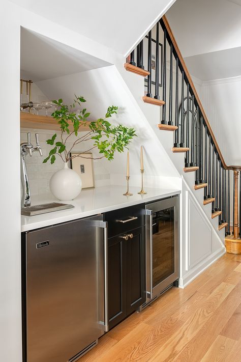 A creative way to use the space under the stairs, here it's used for a wine bar under the stairs plus creative storage solutions. Bar Under The Stairs, Historic Home Remodel, The Space Under The Stairs, Storage Under Stairs, Cabinet Under Stairs, Bar Under Stairs, Kitchen Under Stairs, Space Under The Stairs, Ski House Decor