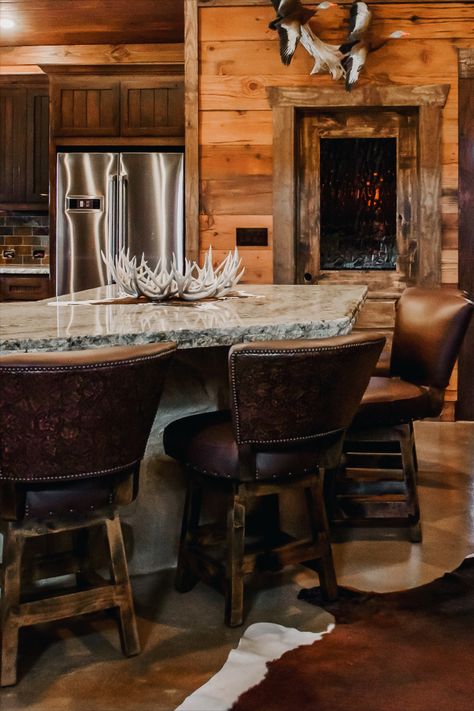 Custom Designed Barstools built in the USA! Old Western Bar Ideas, Cowhide Barstools In Kitchen, Cowhide Bar Stool, Cowhide Bar Stools, Western Farmhouse, Boerne Texas, Cowhide Bar Stools Bed Bath & Beyond, Ranch House Decor, Barn Houses