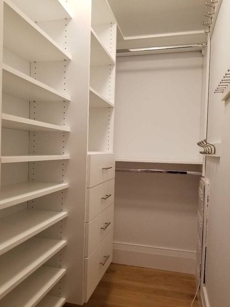 Narrow Walk-in Closet - Contemporary - Wardrobe - New York - by Smart Closets | Houzz UK Tiny Walk In Wardrobe, Long Narrow Walk In Closet, Narrow Master Closet, Tiny Walk In Closet, Wir Ideas, Tiny Walk In Closet Ideas, Small Bedroom Cupboards, Narrow Walk In Closet Ideas, Contemporary Walk In Closet