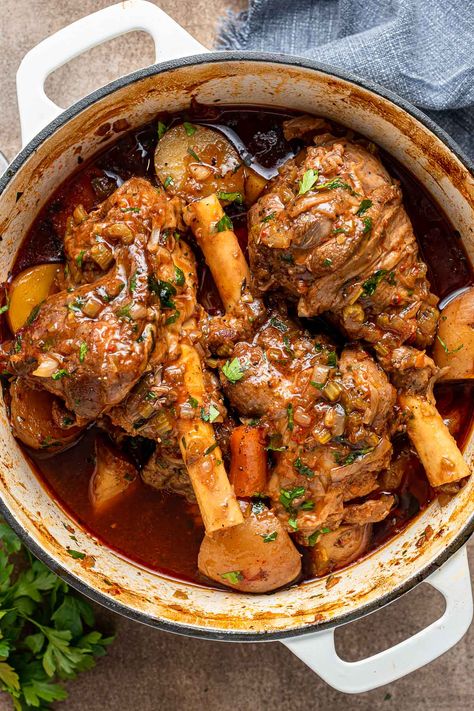 Easy Braised Lamb Shanks Recipe - Dinner, then Dessert Lamb Shank Recipes, Lamb Shanks Oven, Braised Lamb Shanks Recipe, Lamb Shanks Recipe, Hosting Recipes, Shanks Recipe, Paprika Recipes, Lamb Shank Recipe, Recipe Inspirations