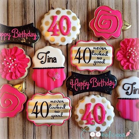 40 never looked so good! #40andfabulous #40neverlookedsogood #thebig40 #happybirthday #pinkandgold #decoratedcookies #cookieliciousbyjb #buffalocookies #rolkemgold 40 And Fabulous Cookies Decorated, 40th Cookies Decorated, 40 Cookies Birthday, Hot Pink Cookies, 40th Birthday Cookie Ideas, 40th Birthday Decorated Cookies, Cookies For 40th Birthday, 40 And Fabulous Cookies, 40th Bday Cookies