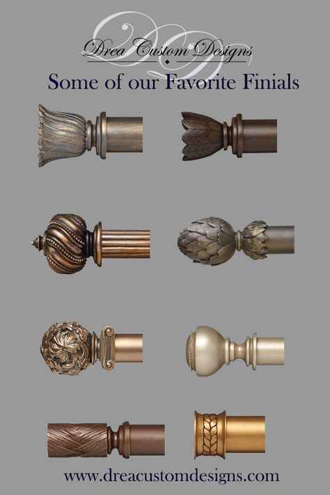 Some of our favorite drapery finials.  We love the intricate designs, perfect compliment to luxury custom curtains.  These drapery finials are available in over 30 custom finishes. Victorian Curtain Rods, Curtains Holder, Indoor Stair Railing, Luxury Curtains Living Room, Modern Sheer Curtains, Victorian Curtains, Fancy Curtains, Dining Room Furniture Design, Finials For Curtain Rods