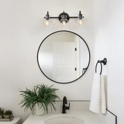 22 in. 3-Light Modern Black Bathroom Vanity Light Interior Powder Room Lighting with Clear Globe Shades Black Modern Bathroom, Powder Room Lighting, Modern Black Bathroom, Table For One, Modern Bathroom Vanity Lighting, Black Vanity Bathroom, Farmhouse Paint Colors, Shaving Mirror, Outfit Check