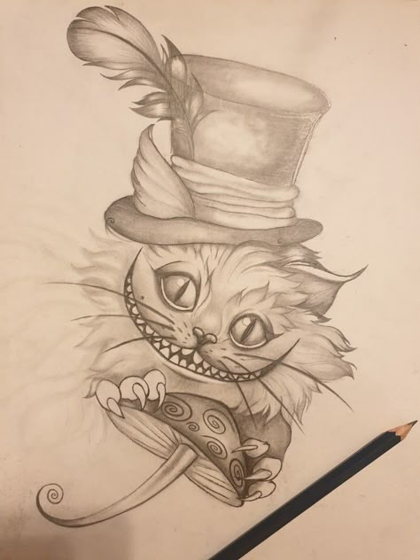 Cat From Alice In Wonderland Drawing, Alice In Wonderland Cat Drawing, Alice In Wonderland Tattoo Ideas Sketches, Alice In Wonderland Cat Tattoo, Cheshire Cat Sketch, Dark Alice In Wonderland Tattoo Ideas, Chesire Cat Tattoos, Mad Hatter Tattoo Ideas, Mad Hatter Drawing