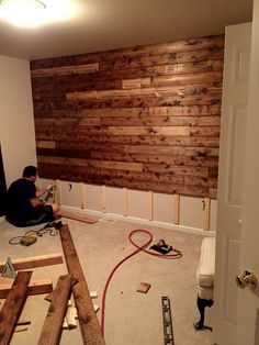 Wooden Accent Wall, Pallet Walls, Accent Wall Paint, Diy Accent Wall, Into The Wood, Pallet Wall, Pallet Ideas, Into The Woods, Basement Remodeling