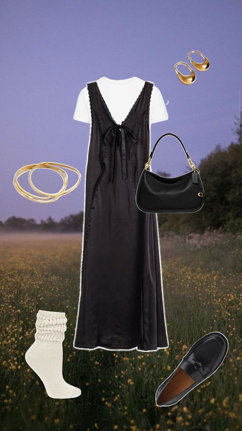 Dress outfit, t shirt, undershirt, white shirt, black slip dress, long slip dress, loafers, slouch sock, casual womens fashion Slip Dress Long, Slouch Socks, Long Slip Dress, Long Slip, Dress Loafers, Black Slip Dress, Dress Outfit, Womens Fashion Casual, Dress Long