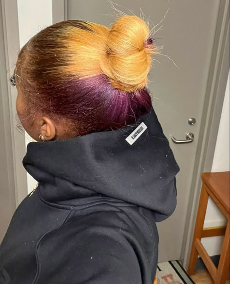 Ginger And Purple Hair, Flat Iron Hairstyles, Purple Peekaboo Hair, Skunk Strip, Purple Natural Hair, Iron Hairstyles, Silk Press Hairstyles, Types Of Hair Styles, Ginger Hair Dyed