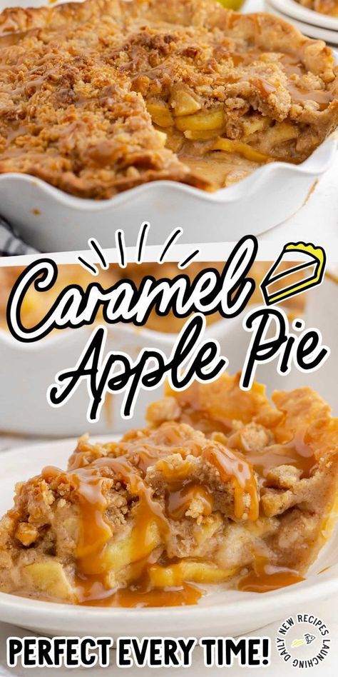 Tart apples and caramel are mixed together and topped with a crumb topping for our delicious caramel apple pie. Carmel Apple Pie Recipe, Apple Crumble Pie Recipe, Caramel Apple Pie Recipes, Caramel Pie, Apple Crumble Pie, Apple Caramel, Dutch Apple Pie, Caramel Drizzle, Pie Crumble