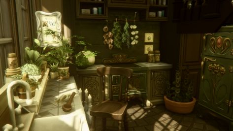 grassroots cottage: a green, earthy witch’s abode Witch Cottage Interior, Earthy Witch, Witch Bedrooms, Witches Cottage, Be A Witch, Witch Cottage, Sims Building, Cottage Interior, Sims House Design