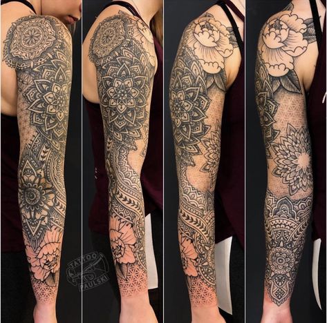 Full Arm Mandala Tattoo, Mandala Filling Patterns Tattoo, Mandela Fill In Tattoo, Lace Filler Tattoo Sleeve, Lace Tattoo Filler Ideas, Half Sleeve Filler Tattoos For Women, Feminine Full Sleeve Tattoos, Flower Of Life Filler Tattoo, Half Sleeve Tattoos For Women Upper Arm Mandala