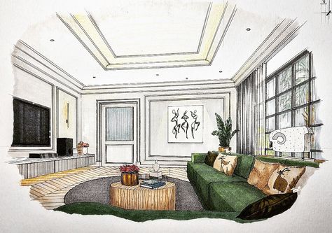 Interior Sketch Design Sketch Interior Design, One Point Perspective Room, Exterior Perspective, Perspective Room, Perspective Sketch, Interior Design Renderings, Drawing Interior, Interior Architecture Drawing, Interior Design Drawings