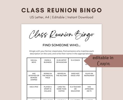 Editable Class Reunion Bingo Game, Class Reunion Bingo, High School Reunion Game, Mingle Bingo Hotel Scavenger Hunt, Mingle Bingo, 50th High School Reunion, Reunion Centerpieces, Custom Bingo Cards, Bingo Balls, Bingo Card Template, Family Reunion Invitations, Free Bingo Cards