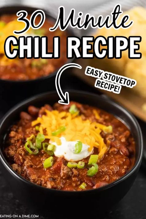 This quick chili recipe is ready in less than 30 minutes. This is the best quick stovetop and easy chili recipe. You'll love this classic easy one pot beef chili recipe. This quick and easy chili recipe is fast to make is a simple, healthy, one pot recipe that is the best and super fast to make! You’ll be surprised how good this quick chili recipe easy is to make! #eatingonadime #onepotrecipes #stovetoprecipes #chilirecipes #dinnerrecipes Fast Chili Recipe, Chili Recipe Crock Pot, Top Chili Recipes, Quick Chili Recipe, Chili Recipe Stovetop, Quick Chili, Stovetop Chili, Easy Homemade Chili, Easy Chilli