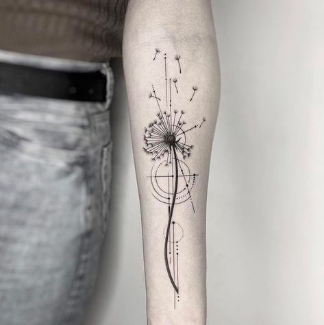 Geometric Tattoo - Geometric Dandelion Tattoo Geometric Dandelion Tattoo, Geometric Family Tattoo, Geometric Line Tattoo Design, Geometric Tattoo Design For Women, Tattoo Trends 2023 Women, Cool Forearm Tattoos For Women, Geometric Tattoo Women, Flower Geometric Tattoo, Geometrical Tattoo Design