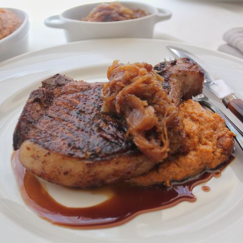 Root Beer Glazed Pork Chops with Bourbon Mashed Sweet Potatoes and Caramelized Onions Venison Medallions, Root Beer Pork, Chicken And Onions, Mashed Sweet Potatoes Recipe, Smoked Venison, Veal Chops, Bourbon Sweet Potatoes, Crusty French Bread, Cooked White Rice