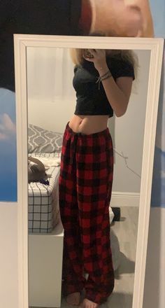 Red Pjs Pants, Red And Black Pants Pijama, Red And Black Pajama Pants Outfit, Red Plaid Pajama Pants Outfit, Pajamas Aesthetic Black Woman, Styling Pajama Pants, Dark Pajamas Aesthetic, Red Pajama Pants Outfit, Red Pajamas Aesthetic