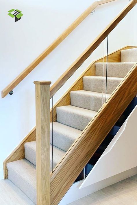 An oak staircase with embedded glass. The staircase is beautifully carpeted in a beige shade. Made by UK bespoke timber staircase manufacturer StairBox Carpeted Staircase, Stairs Makeover Design, Staircase Manufacturers, Led Stair Lights, Oak Staircase, Carpet Staircase, Bespoke Staircases, Stairs Makeover, House Staircase