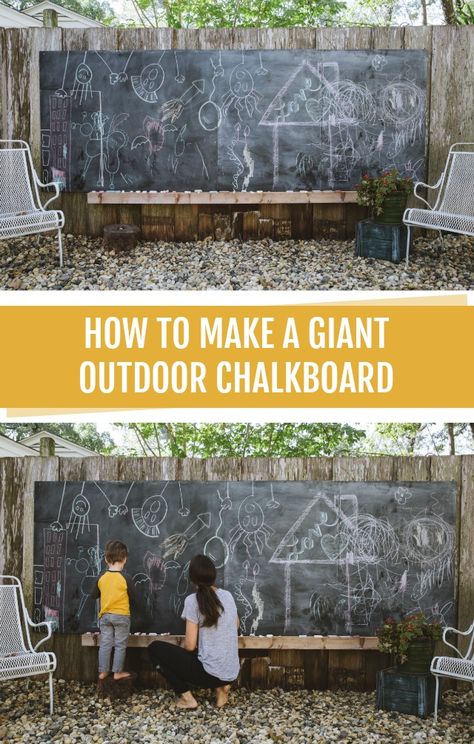 How to make an outdoor chalkboard Chalkboard On Fence, Outdoor Chalkboard Wall, Outdoor Chalkboard Ideas, Diy Chalkboard Outdoor, Diy Outdoor Blackboard, Diy Outdoor Classroom Ideas, Diy Outdoor Chalkboard For Kids, Daycare Outdoor Play Area Diy, Outdoor Chalkboard For Kids