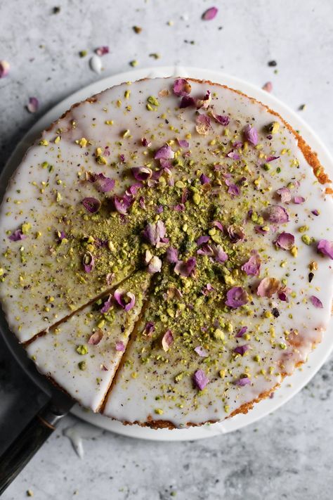 Persian Love Cake - Cardamom and Tea Persian Love Cake, Cake Bday, Cardamom Cake, Raw Pistachios, Pistachio Butter, Raw Cake, Pistachio Cake, Seasonal Produce, Dried Rose Petals