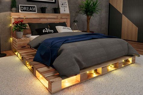 Pallet Beds - Sales and Promotions Palette Bed, Double Bed Design, Pallet Bed With Lights, King Size Bed Designs, Pallet Bed Frame Diy, Pallet Bed Frame, Double Bed Designs, Pallet Headboard, Diy Pallet Bed