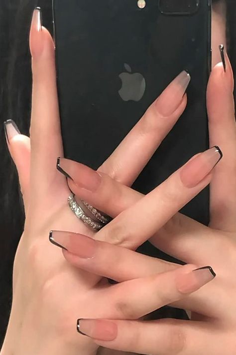 Black French Tip Coffin, Nude Coffin Nails, French Tip Coffin, Press On Nails Nude, Black And Nude Nails, Black French Tip Nails, Rockstar Nails, Black French Tip, Black French Tips