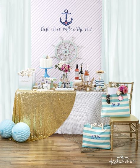 7 Ideas for a Last Sail Before the Veil Bachelorette Party – Kate Aspen Bachelorette Decoration Ideas, Sail Before The Veil Bachelorette, Nautical Theme Bridal Shower, Veil Bachelorette Party, Last Sail Before The Veil, Nautical Bachelorette Party, Nautical Bachelorette, Themed Bachelorette Party, Nautical Bridal Showers