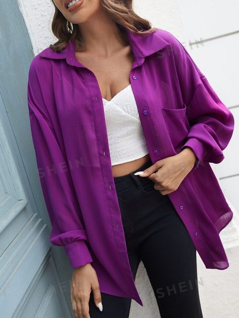 Free Returns ✓ Free Shipping✓. SHEIN LUNE Solid Button Front Pocket Patched Shirt- Women Blouses at SHEIN. Patched Shirt, Purple Burgundy, Patches Shirt, Stylish Work Outfits, Women Blouses, Formal Outfit, Work Outfits, Shirt Women, Fashion Online Shop