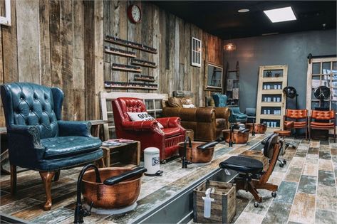 <p>Large leather chairs are comfortable for dainty women, muscular men, and everyone in between.</p> Rustic Nail Salon Decor, Rustic Nail Salon, Nail Rooms, Nail Men, Salon Remodel, Salon For Men, Rustic Salon, Men Salon, Barbershop Ideas