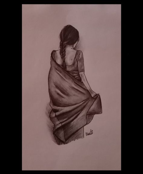 Women In Saree Pencil Sketch, Indian Women Sketch Pencil Drawings, Lady Illustration Art, Pencil Drawing Background, Indian Girl Drawing, Portrait Drawing For Beginners, Easy Drawing Step By Step, Easy Pencil Drawings, Pencil Sketches Easy