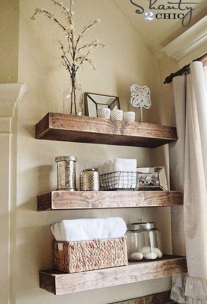 diy projects to make your rental home look more expensive, crafts, home decor, painting, shelving ideas, storage ideas, wall decor, Distressed Floating Shelves Shelves Above Toilet, Rustic Bathroom Shelves, Shelves Display, Ikea Inspiration, Bathroom Shelf Decor, Floating Shelves Kitchen, Floating Shelves Bathroom, Craftsman Bungalow, Decor Ikea