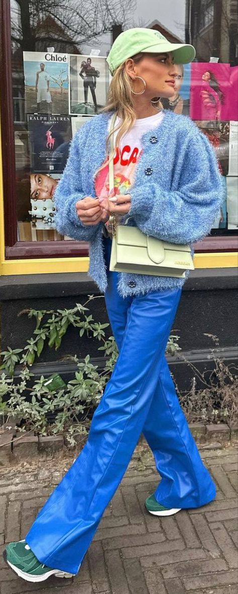 Blue Jumper Outfit, Blue Trousers Outfit, Bright Blue Pants, Leather Trousers Outfit, Blue Pants Outfit, Maximalist Outfits, Summery Outfits, Maximalist Fashion, Lingerie Inspiration