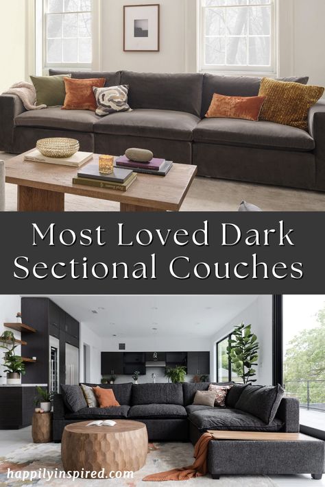 Black sectionals are a great idea in seating areas that get a lot of use! Whether you have messy kids or host often, these are the best dark living room sectional ideas. Dark Grey Leather Sectional Living Room, Charcoal Grey Sectional Living Room, Dark Gray Sectional Living Room Ideas, Dark Gray Sectional Living Room Decor, Dark Grey Sectional Living Room Ideas, Grey Sectional Living Room Color Schemes, Dark Sectional Living Room, Charcoal Gray Couch Living Room, Charcoal Sectional Living Room